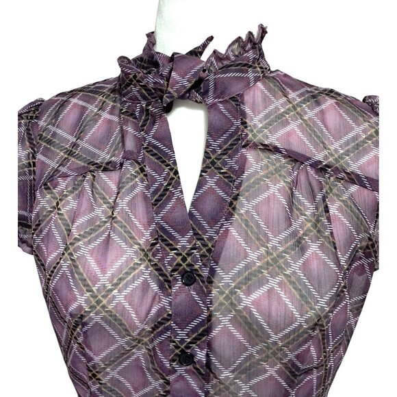 Fairy Grunge Whimsigoth Purple Plaid Sheer Short Sleeve Blouse With Tie Neck 8 - Picture 8 of 10